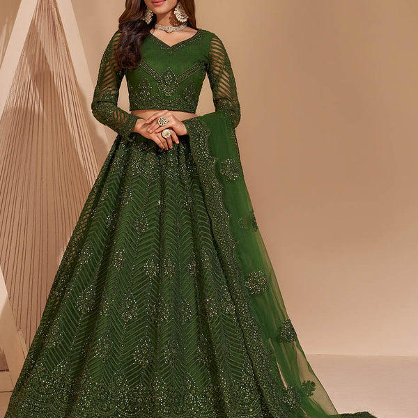 Myra Mehendi Green Heavy Embroidered Designer Lehenga - Distacart