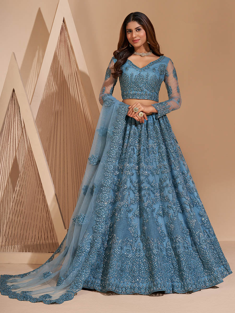 Myra Aqua Blue Heavy Embroidered Designer Lehenga - Distacart