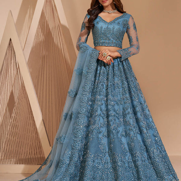 Myra Aqua Blue Heavy Embroidered Designer Lehenga - Distacart