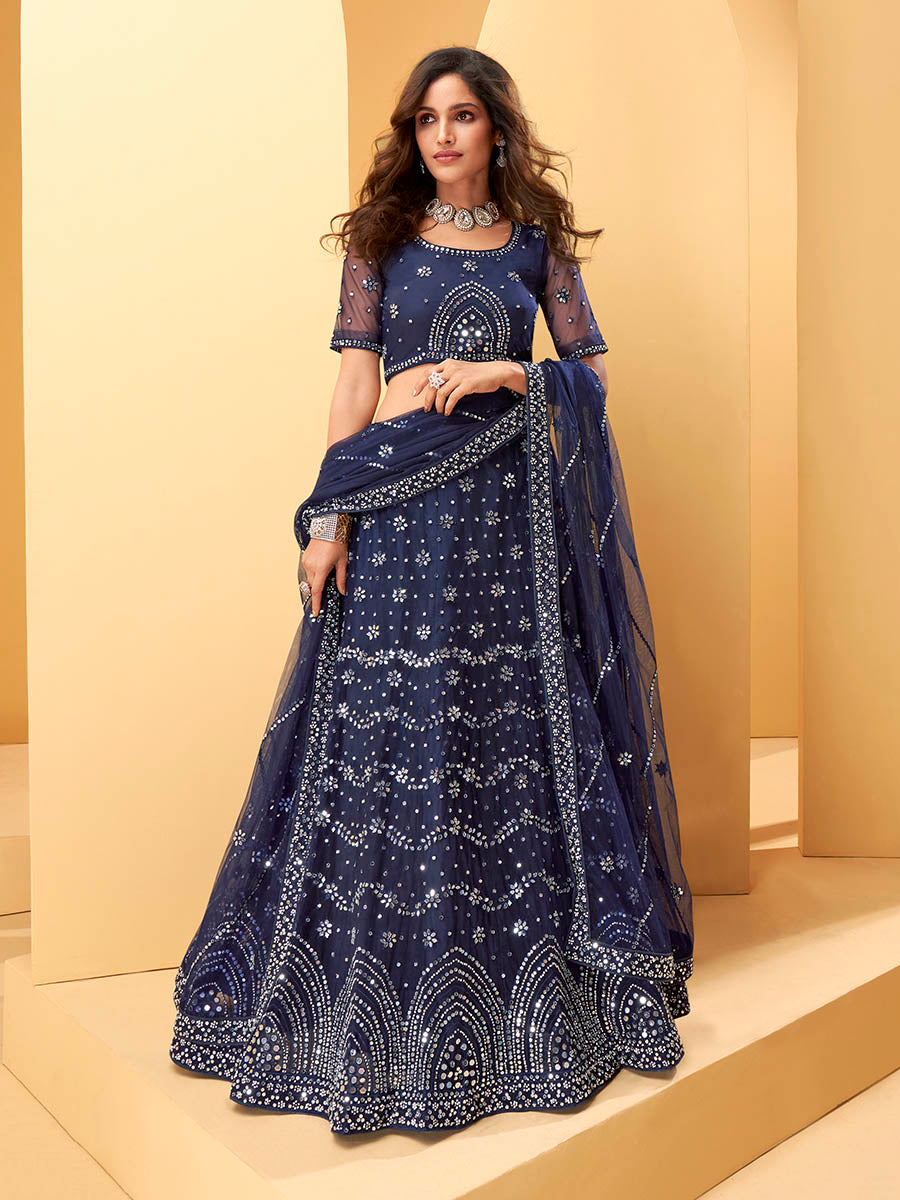 Myra Blue Heavy Embroidered net Designer Lehenga - Distacart