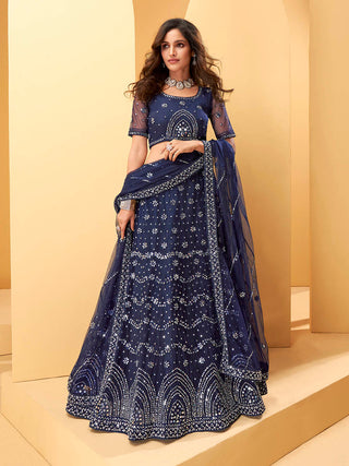 Myra Blue Heavy Embroidered net Designer Lehenga - Distacart
