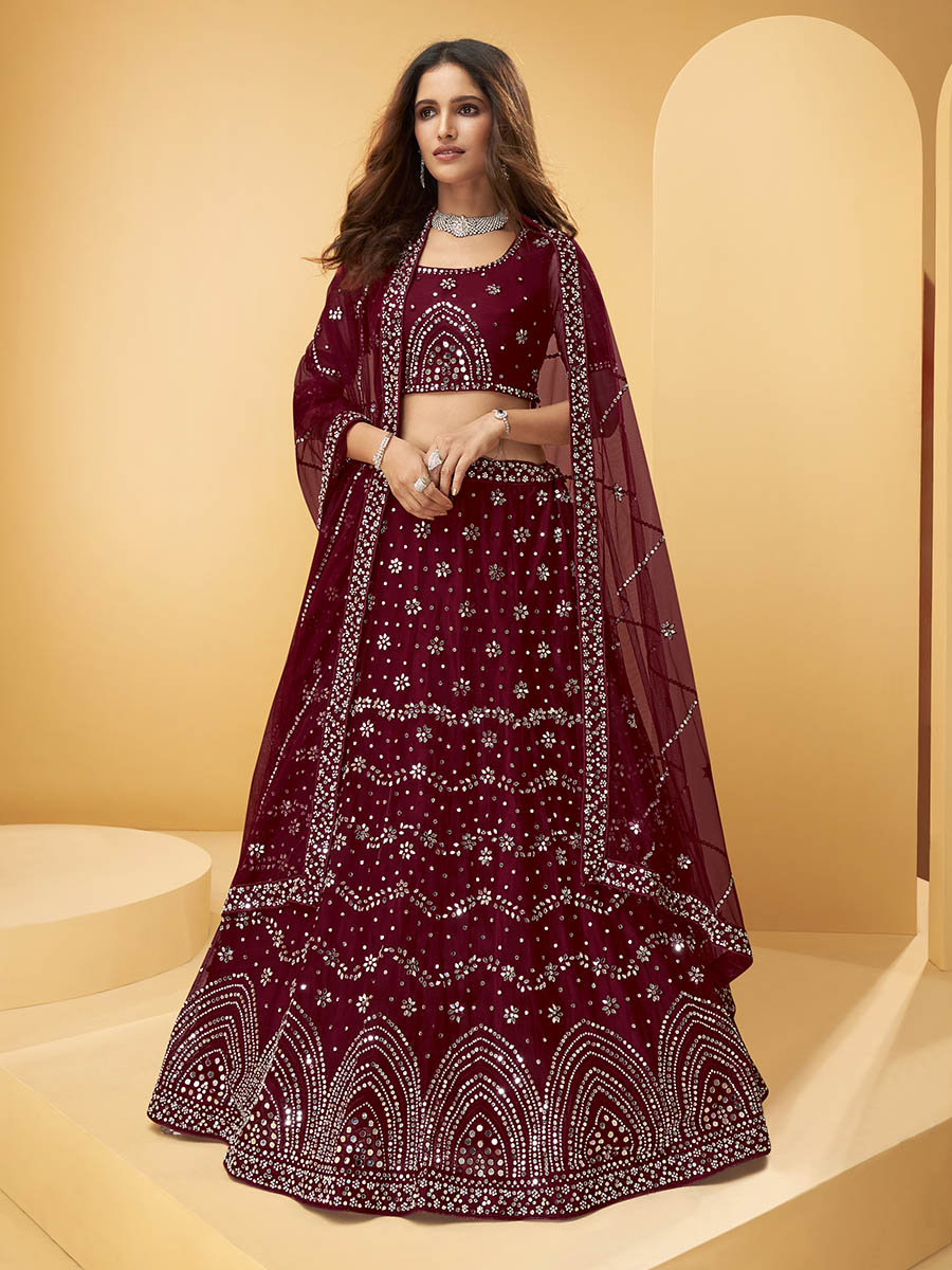 Myra Maroon Heavy Embroidered net Designer Lehenga - Distacart