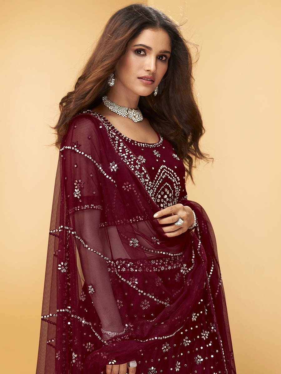 Myra Maroon Heavy Embroidered net Designer Lehenga - Distacart