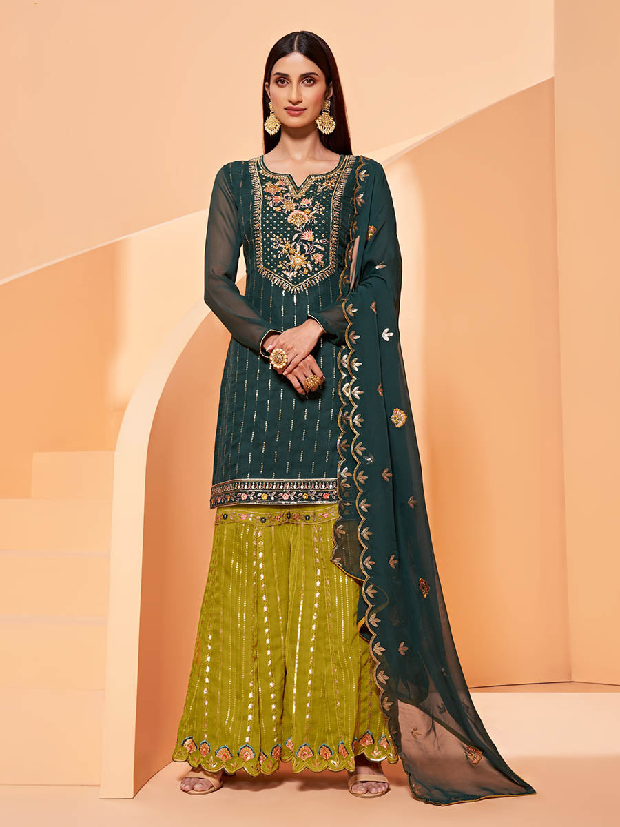 Myra Dark Green Heavy Embroidered Sharara Suit - Distacart