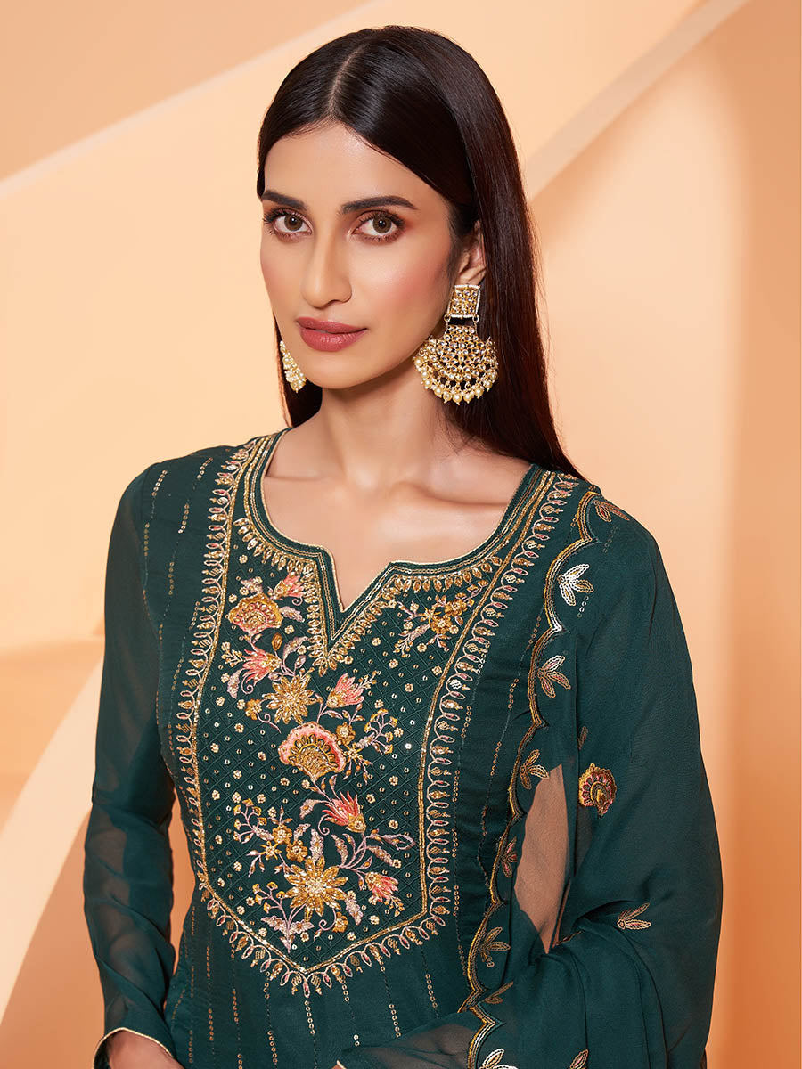 Myra Dark Green Heavy Embroidered Sharara Suit - Distacart