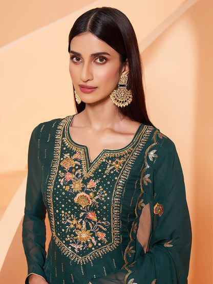 Myra Dark Green Heavy Embroidered Sharara Suit - Distacart