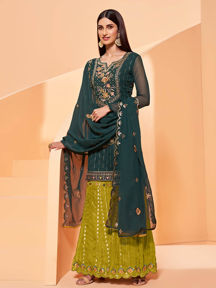 Myra Dark Green Heavy Embroidered Sharara Suit - Distacart