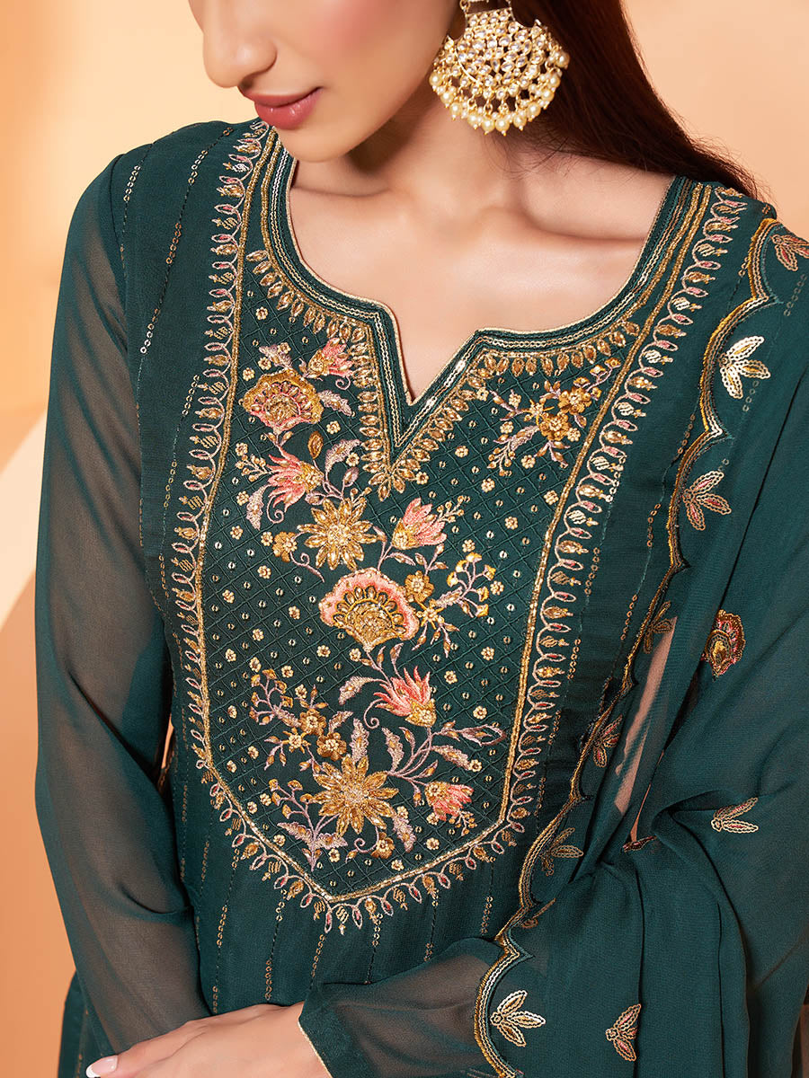 Myra Dark Green Heavy Embroidered Sharara Suit - Distacart