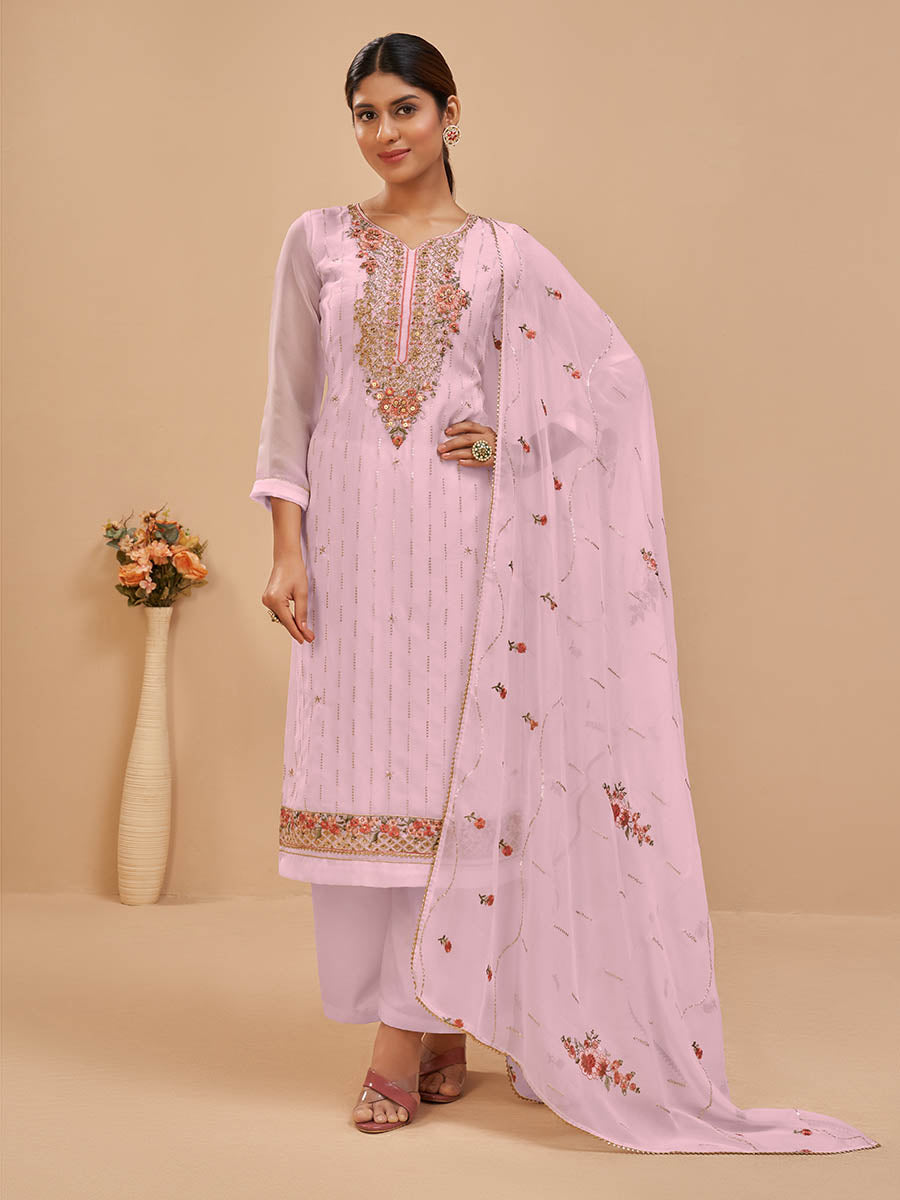 Myra Light Pink Pure Georgette Embroidered Suit - Distacart