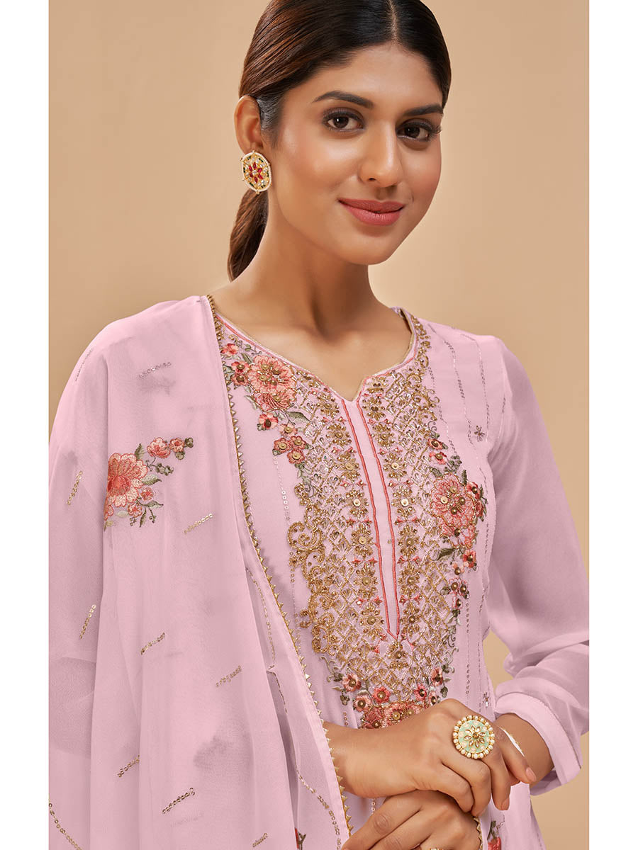 Myra Light Pink Pure Georgette Embroidered Suit - Distacart