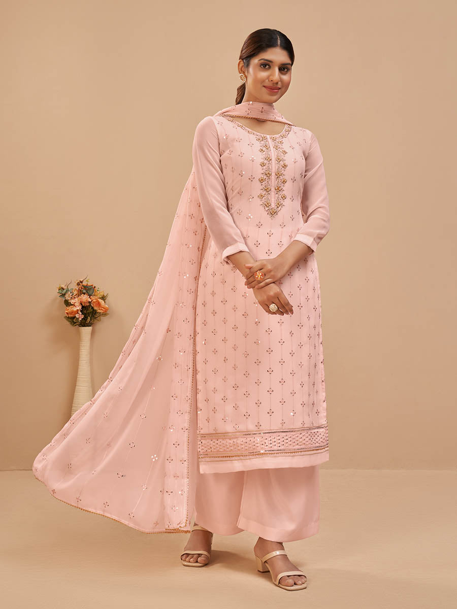 Myra Peach Pure Georgette Embroidered Suit - Distacart