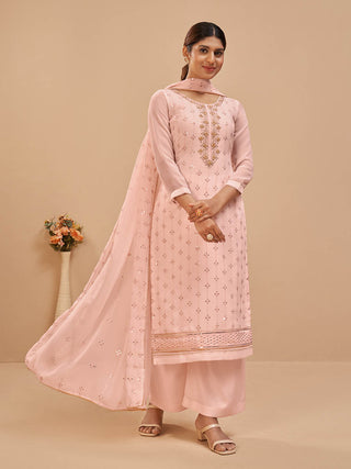 Myra Peach Pure Georgette Embroidered Suit - Distacart