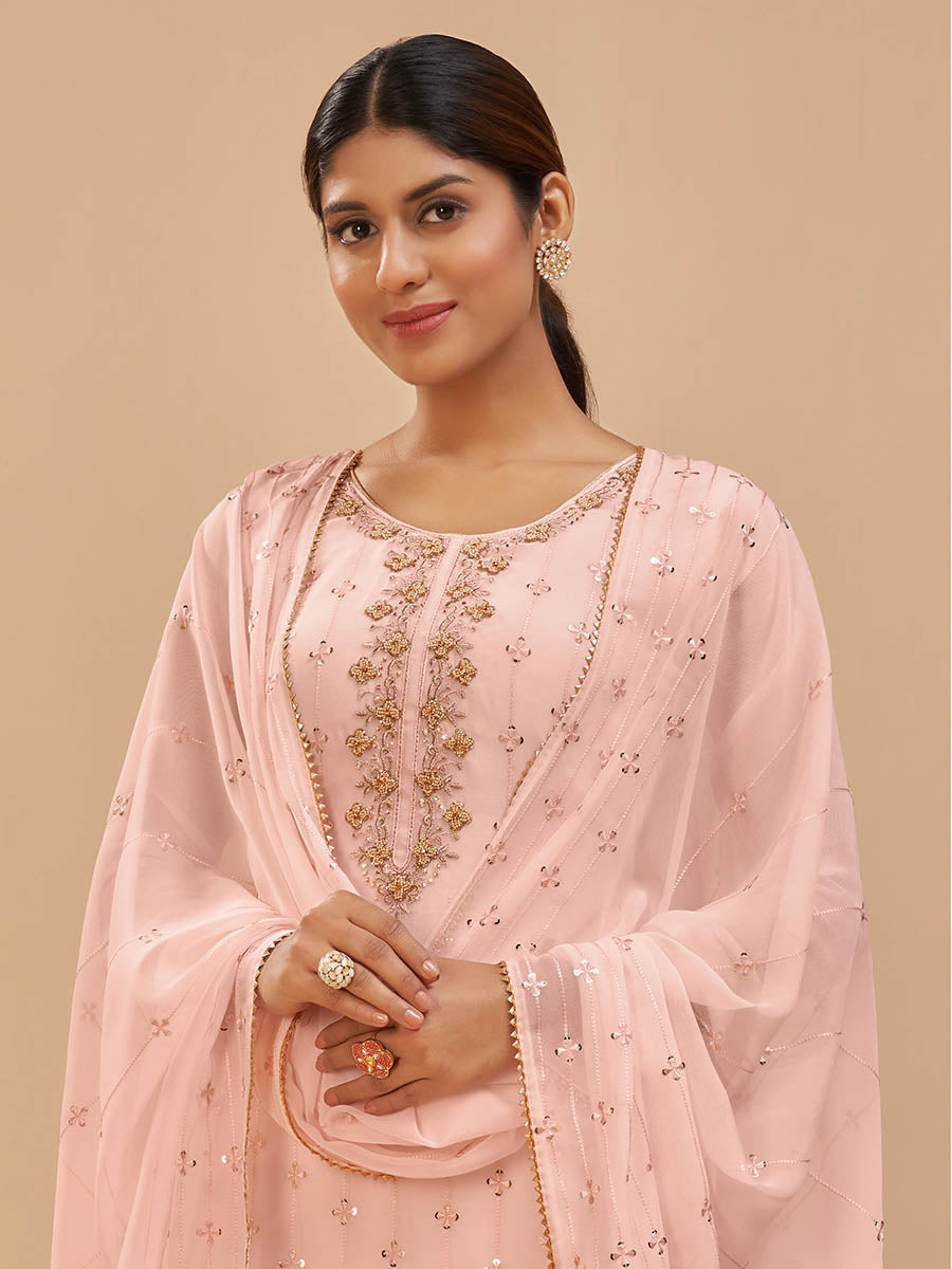 Myra Peach Pure Georgette Embroidered Suit - Distacart