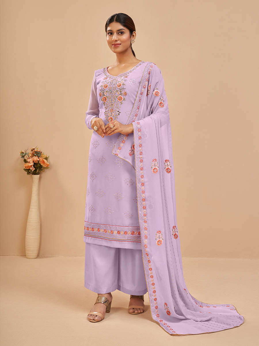 Myra Lovender Pure Georgette Embroidered Suit - Distacart