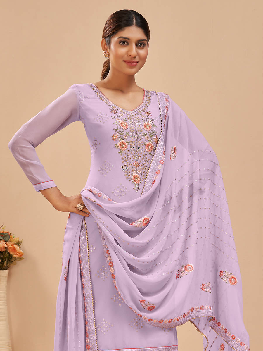 Myra Lovender Pure Georgette Embroidered Suit - Distacart