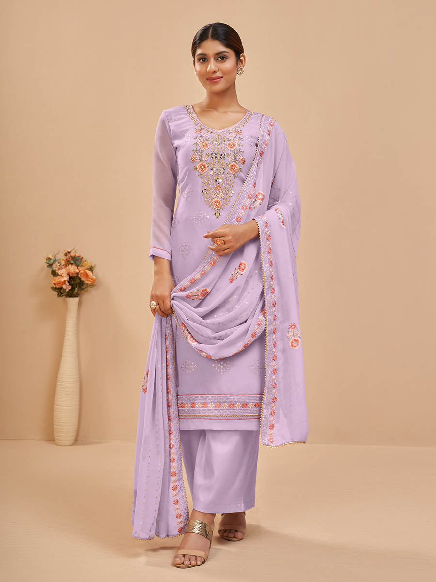 Myra Lovender Pure Georgette Embroidered Suit - Distacart