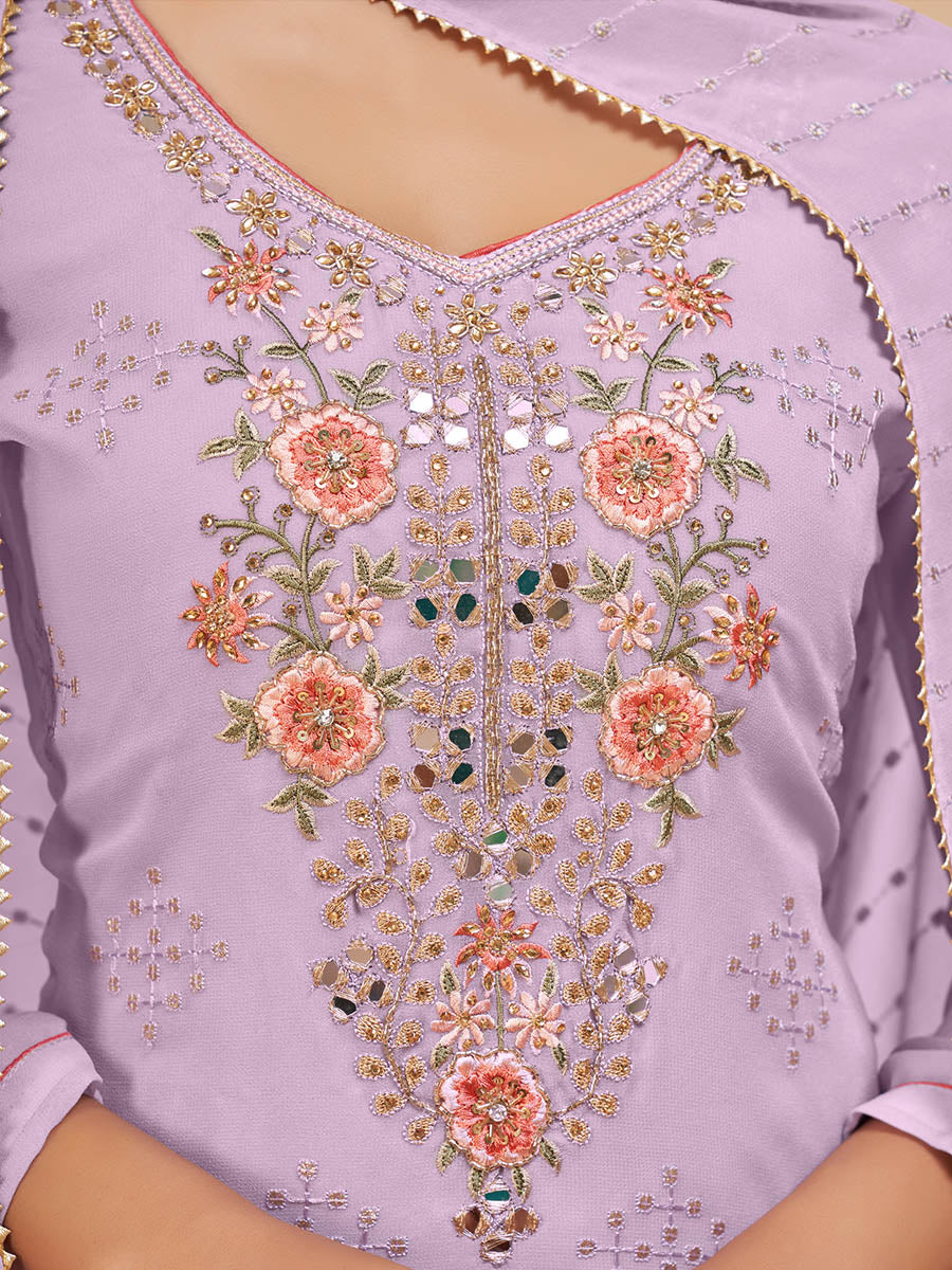 Myra Lovender Pure Georgette Embroidered Suit - Distacart