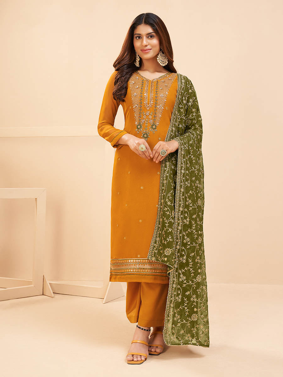 Myra Mustard Yellow Georgette Embroidered Palazzo Suit - Distacart