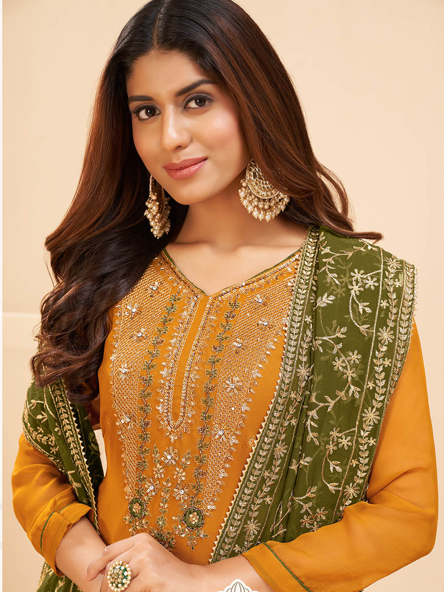 Myra Mustard Yellow Georgette Embroidered Palazzo Suit - Distacart