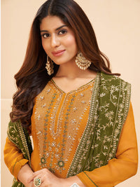 Thumbnail for Myra Mustard Yellow Georgette Embroidered Palazzo Suit - Distacart
