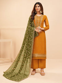 Thumbnail for Myra Mustard Yellow Georgette Embroidered Palazzo Suit - Distacart