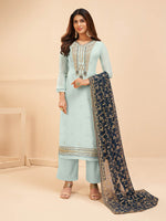Thumbnail for Myra Light Blue Georgette Embroidered Palazzo Suit - Distacart