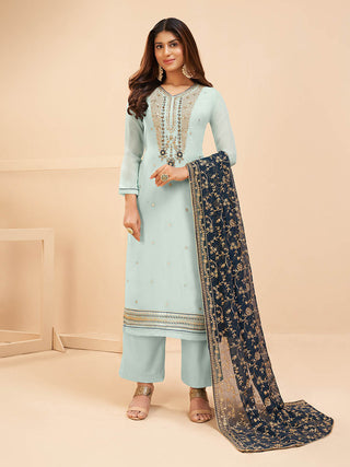 Myra Light Blue Georgette Embroidered Palazzo Suit - Distacart