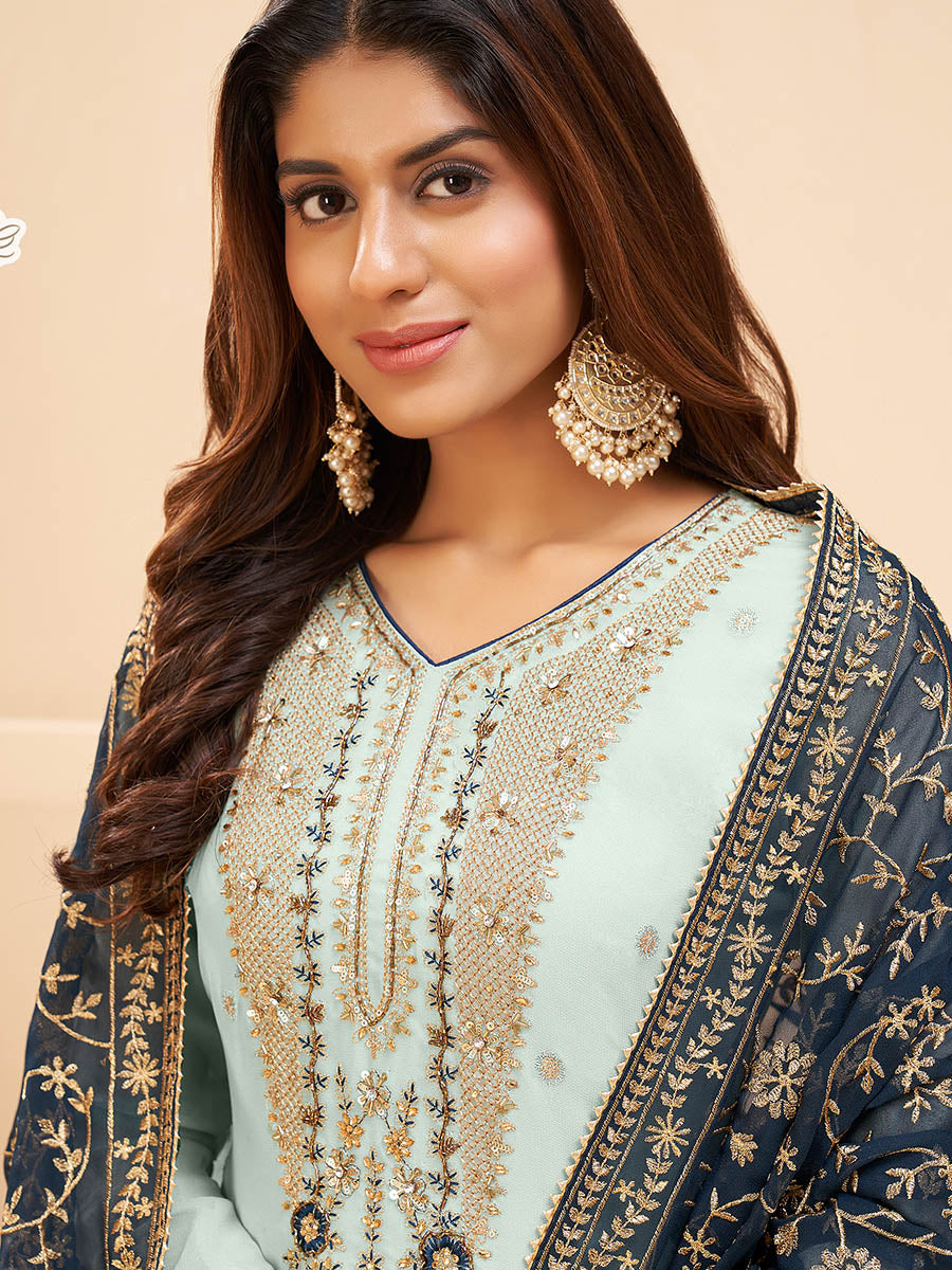Myra Light Blue Georgette Embroidered Palazzo Suit - Distacart