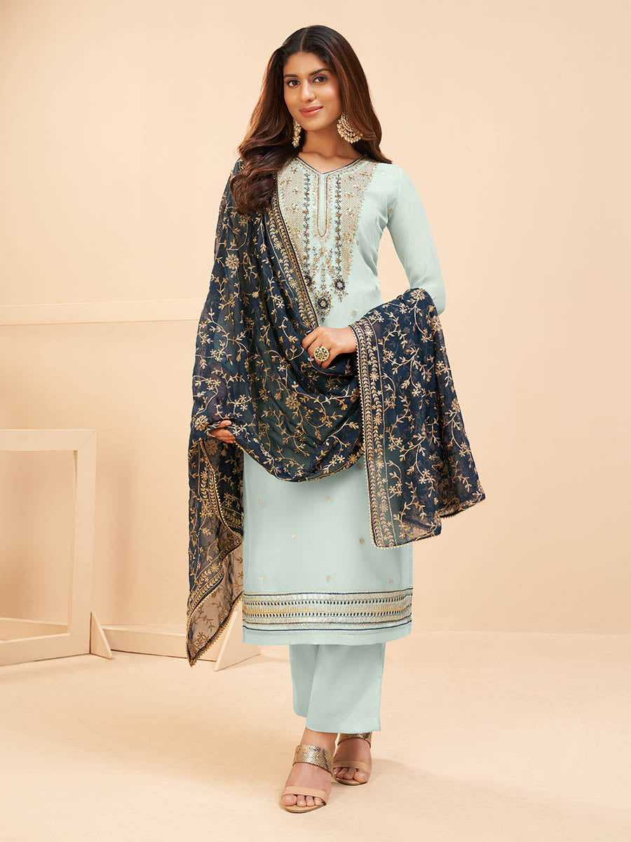 Myra Light Blue Georgette Embroidered Palazzo Suit - Distacart