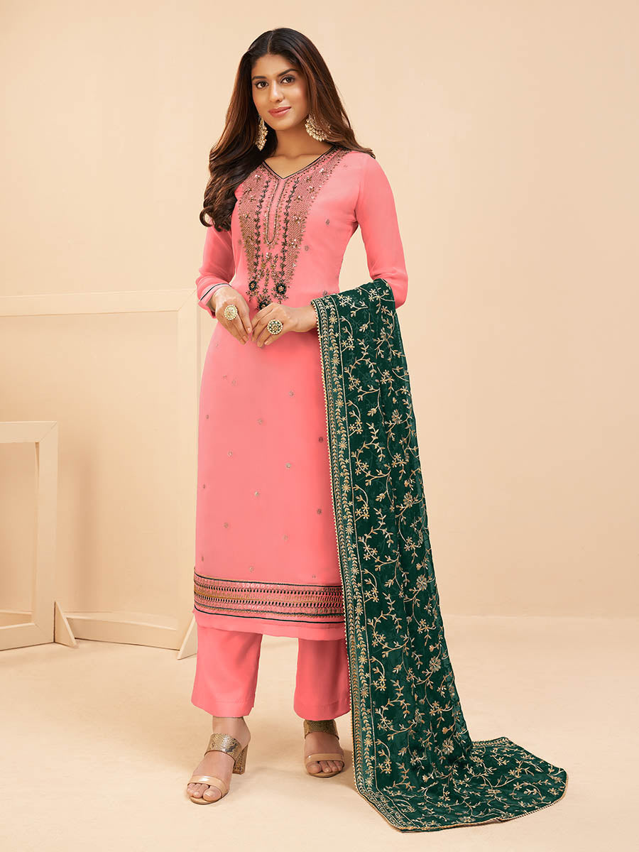 Myra Peach Georgette Embroidered Palazzo Suit - Distacart