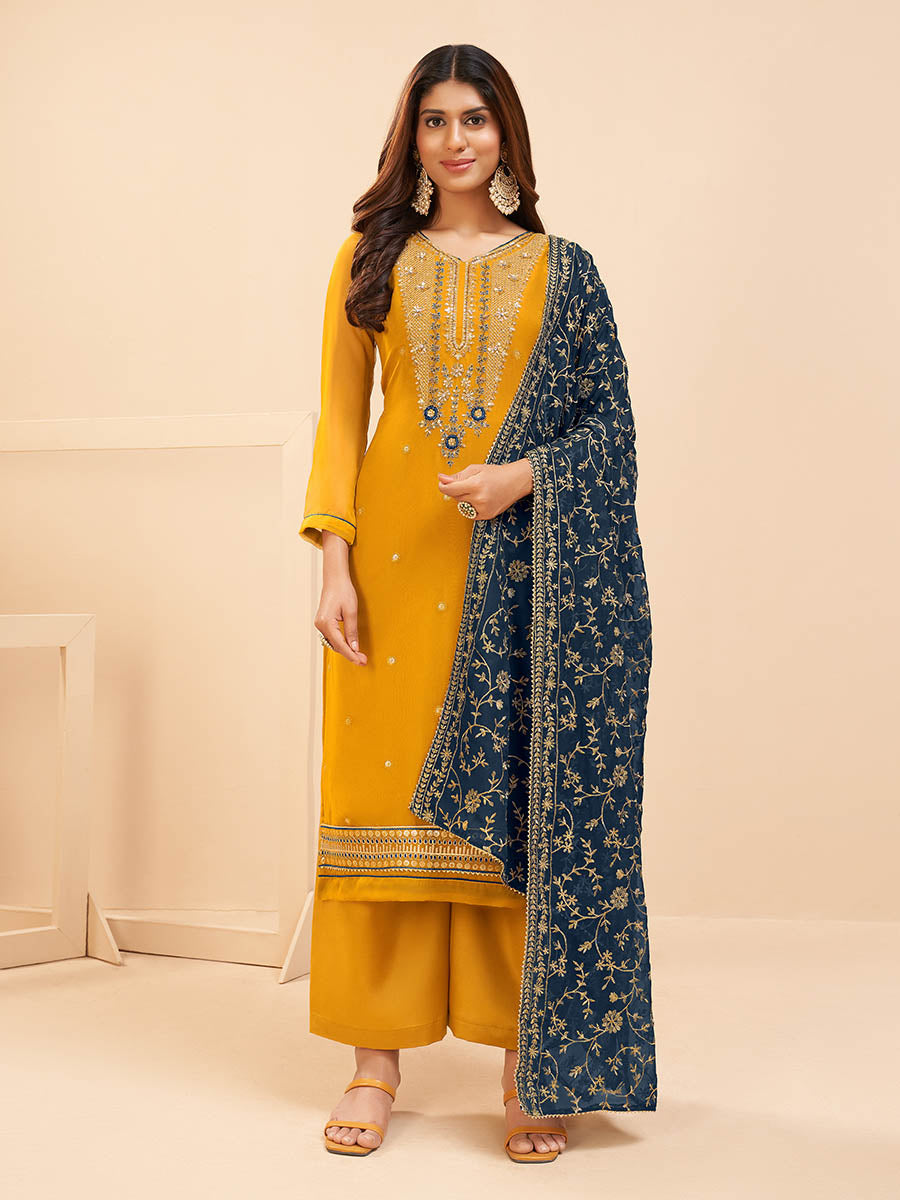 Myra Yellow Georgette Embroidered Palazzo Suit - Distacart