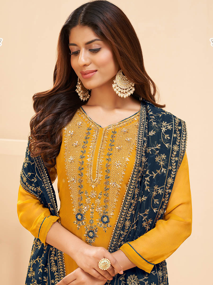 Myra Yellow Georgette Embroidered Palazzo Suit - Distacart