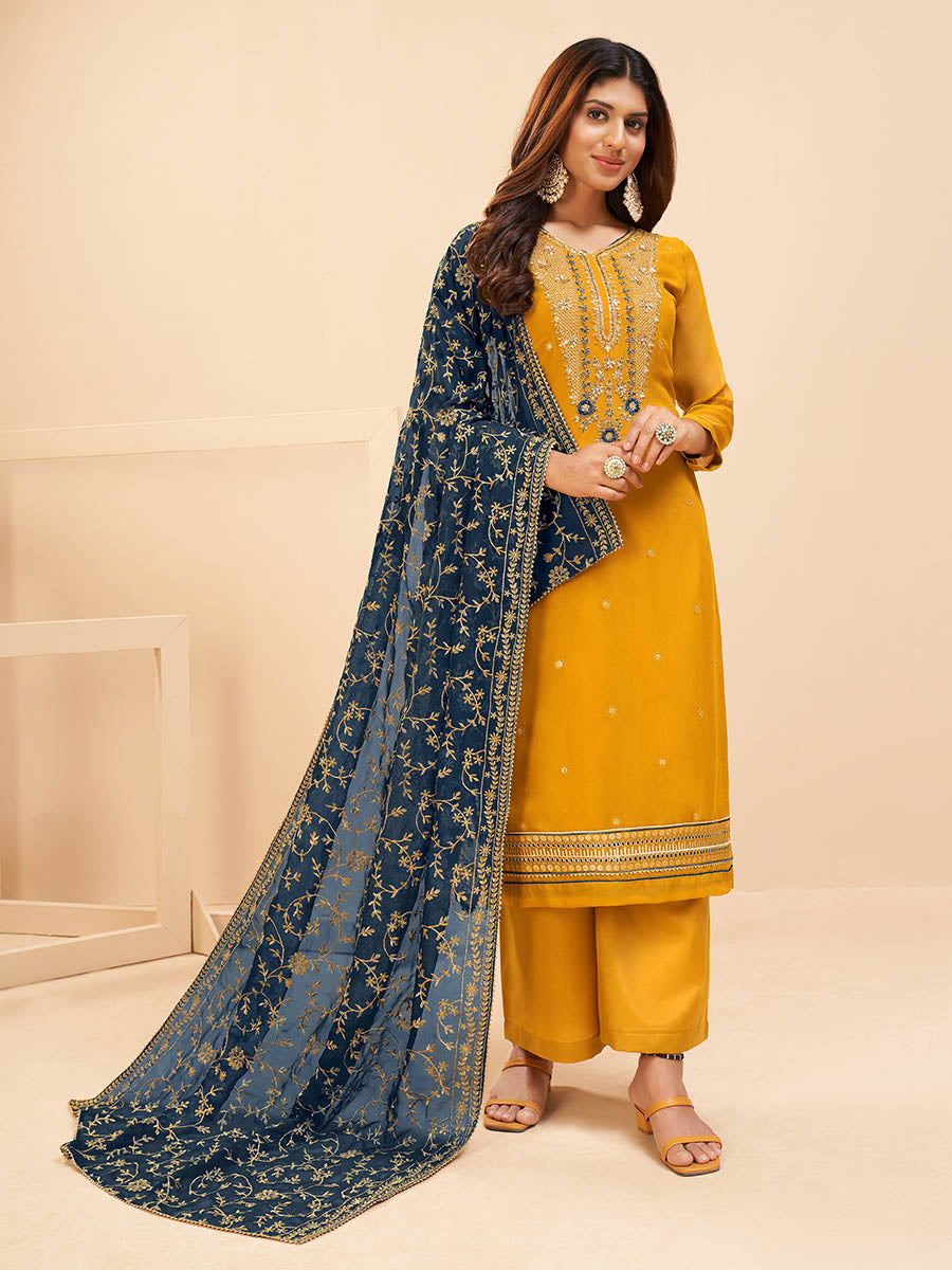 Myra Yellow Georgette Embroidered Palazzo Suit - Distacart