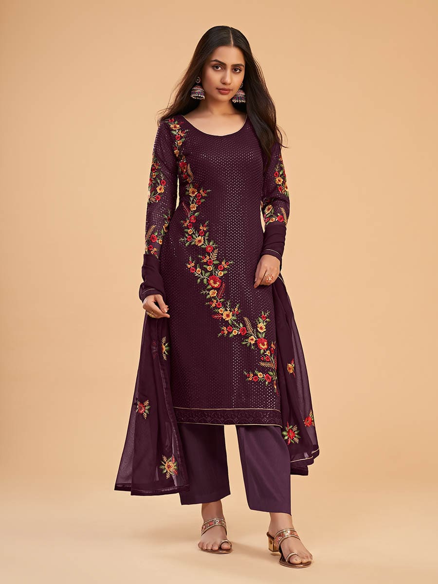 Myra Wine Georgette Embroidered Pant Style Suit - Distacart
