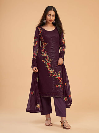 Myra Wine Georgette Embroidered Pant Style Suit - Distacart