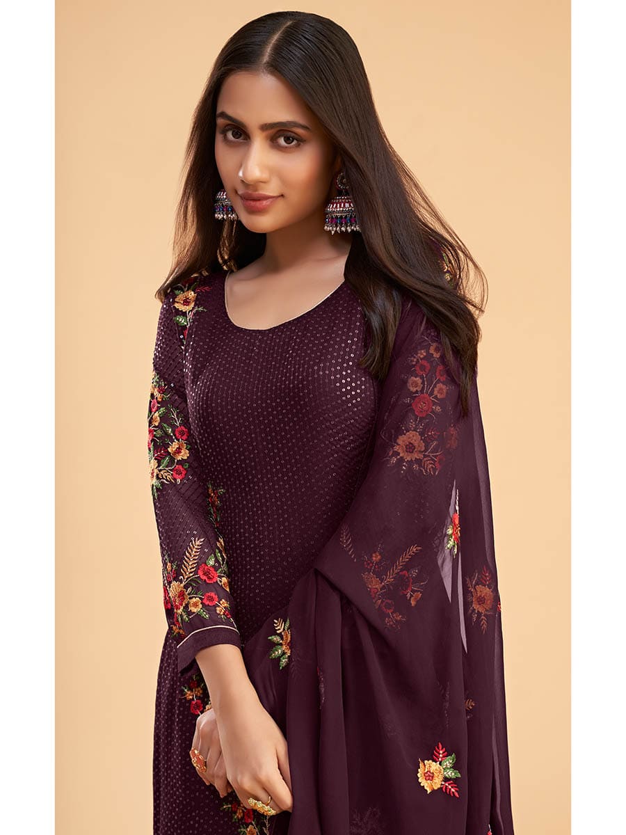 Myra Wine Georgette Embroidered Pant Style Suit - Distacart