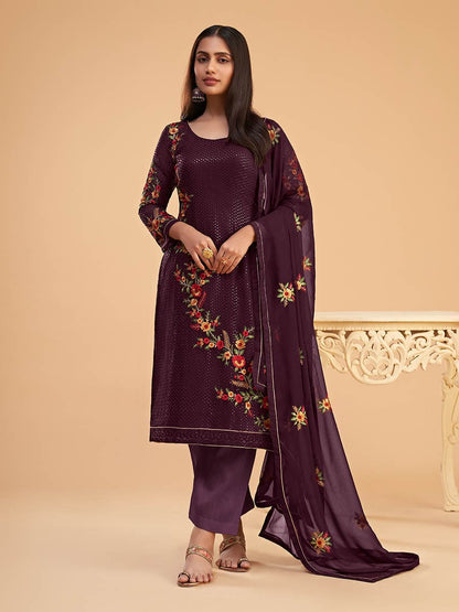 Myra Wine Georgette Embroidered Pant Style Suit - Distacart