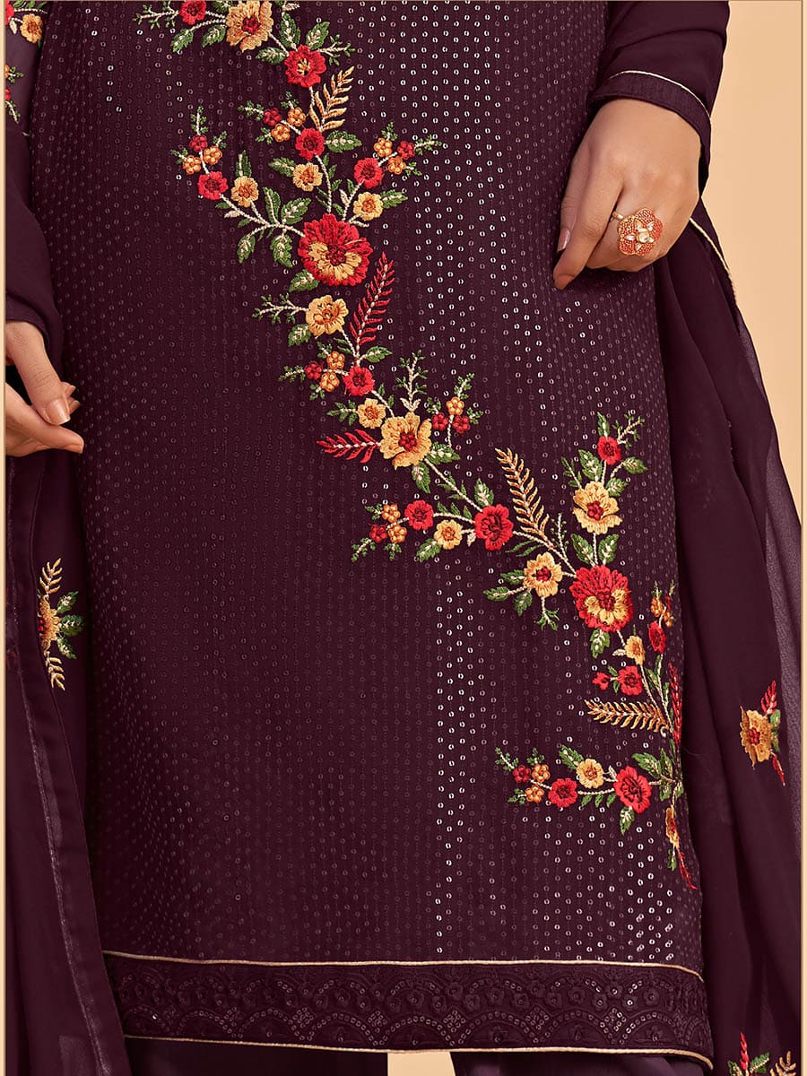 Myra Wine Georgette Embroidered Pant Style Suit - Distacart
