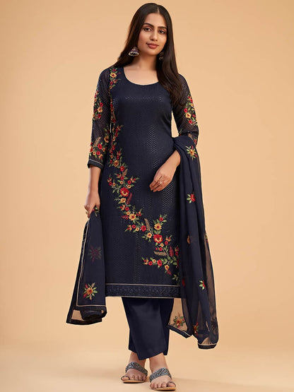 Myra Navy Blue Georgette Embroidered Pant Style Suit - Distacart