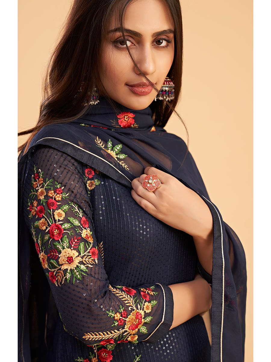 Myra Navy Blue Georgette Embroidered Pant Style Suit - Distacart