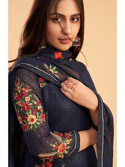 Myra Navy Blue Georgette Embroidered Pant Style Suit - Distacart