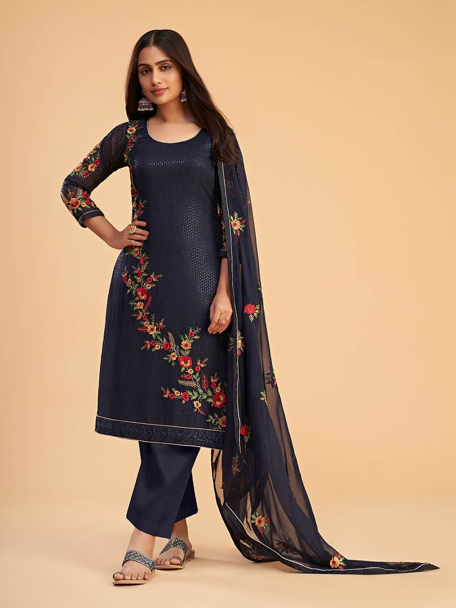 Myra Navy Blue Georgette Embroidered Pant Style Suit - Distacart