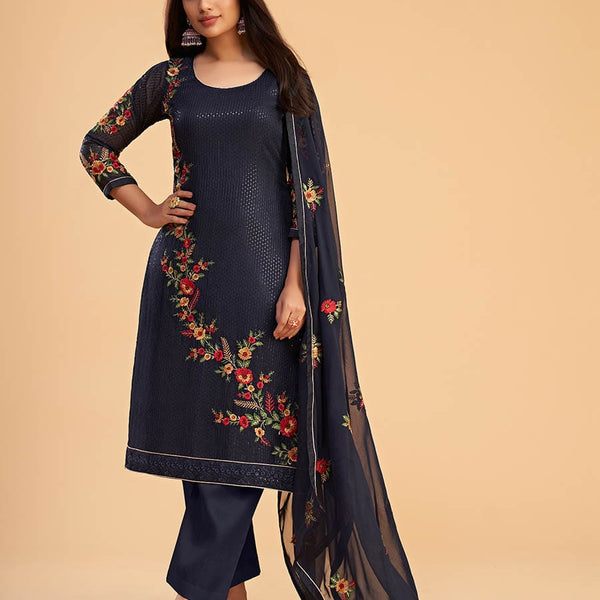 Myra Navy Blue Georgette Embroidered Pant Style Suit - Distacart