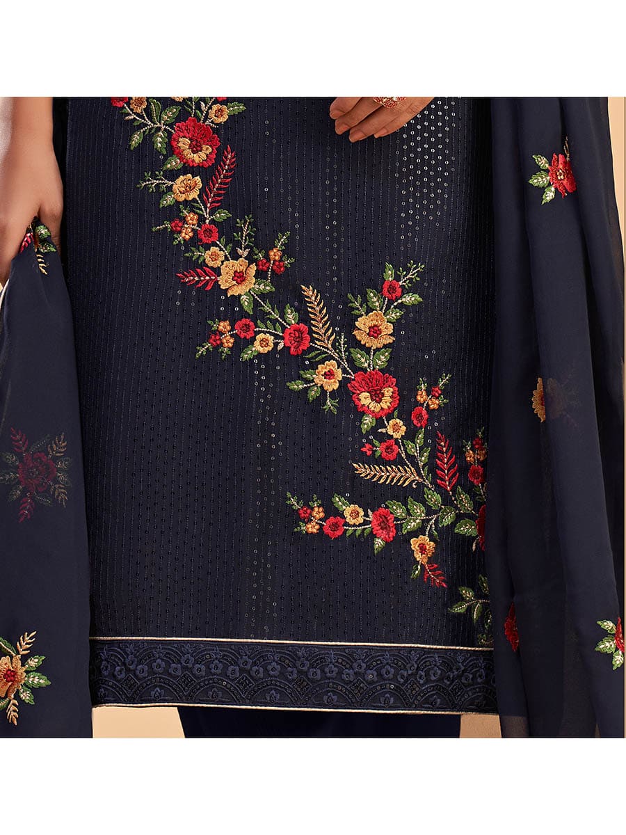 Myra Navy Blue Georgette Embroidered Pant Style Suit - Distacart
