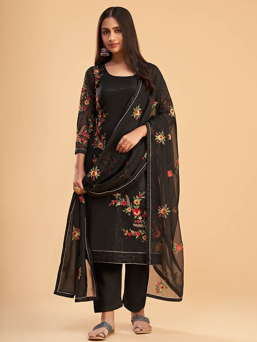Myra Black Georgette Embroidered Pant Style Suit - Distacart