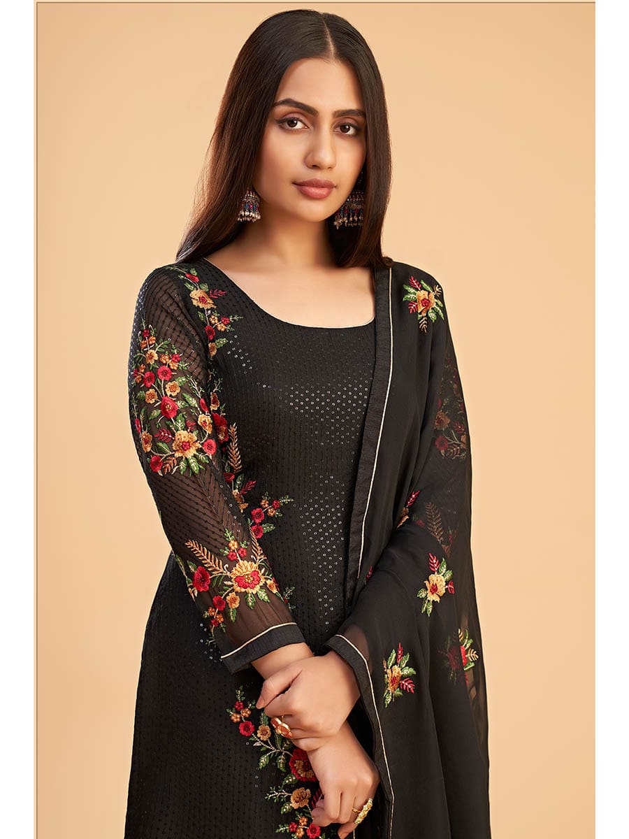 Myra Black Georgette Embroidered Pant Style Suit - Distacart