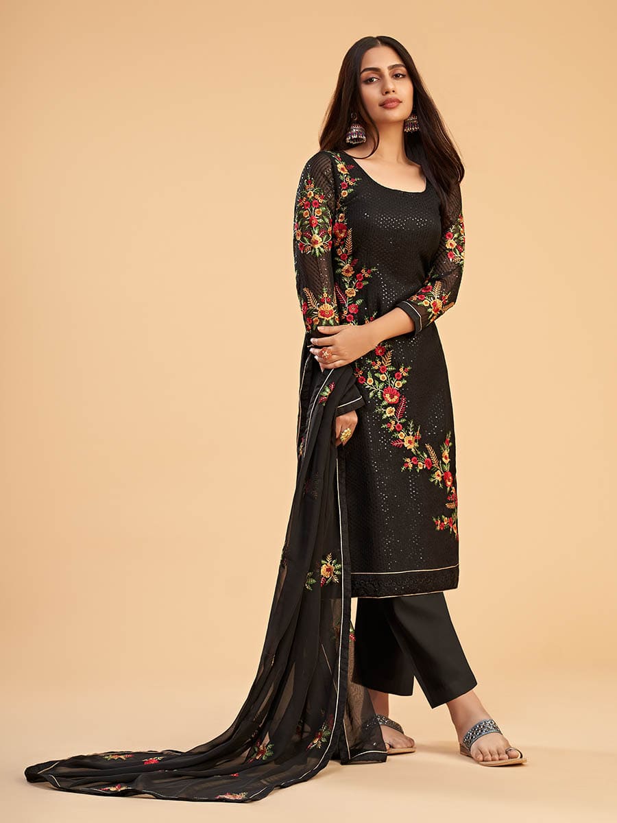 Myra Black Georgette Embroidered Pant Style Suit - Distacart