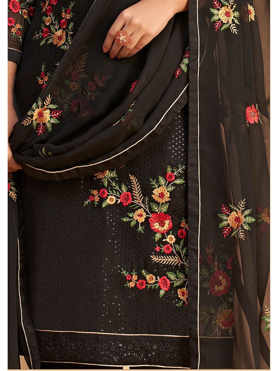 Myra Black Georgette Embroidered Pant Style Suit - Distacart