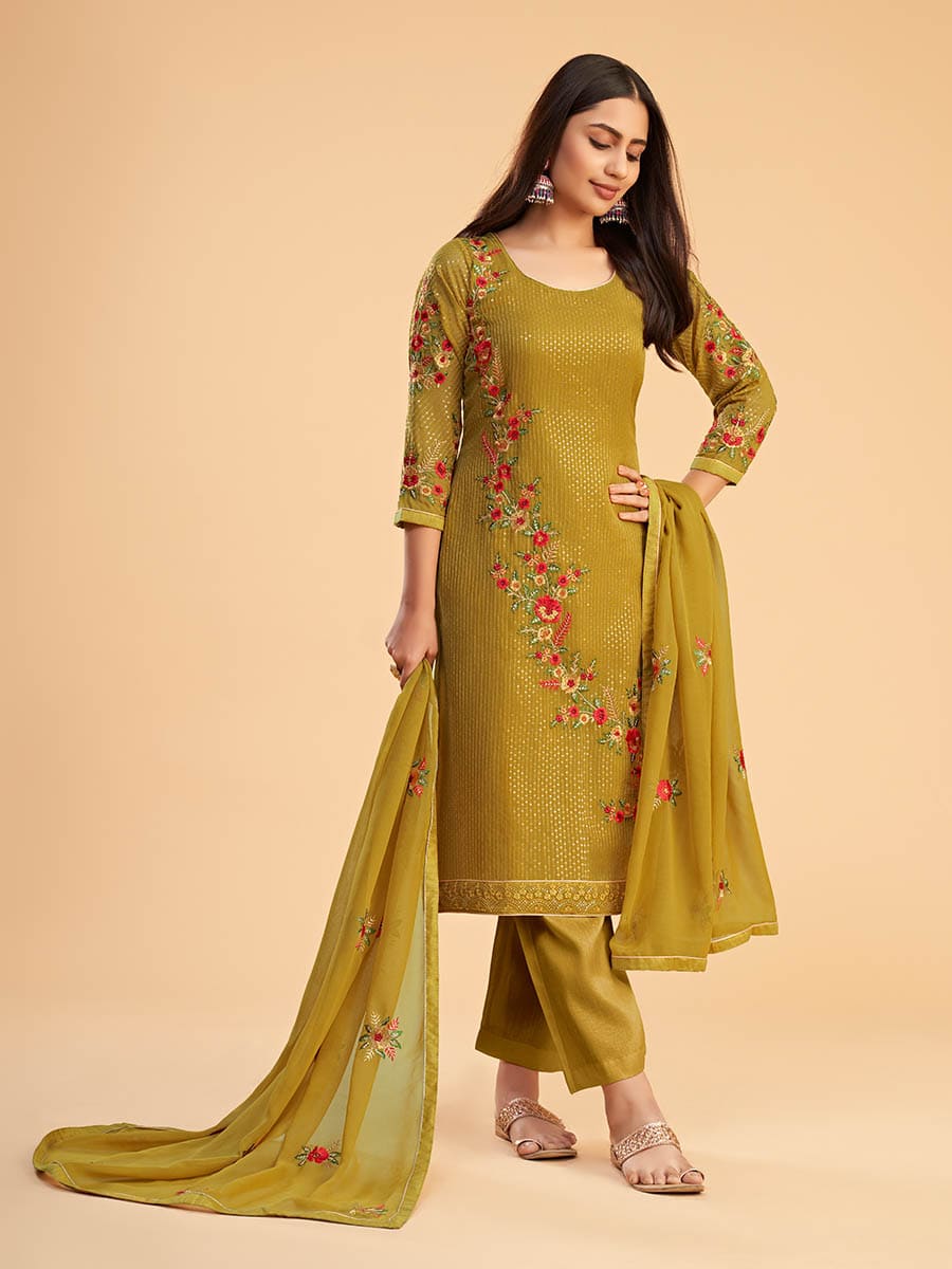 Myra Mustard Yellow Georgette Embroidered Pant Style Suit - Distacart