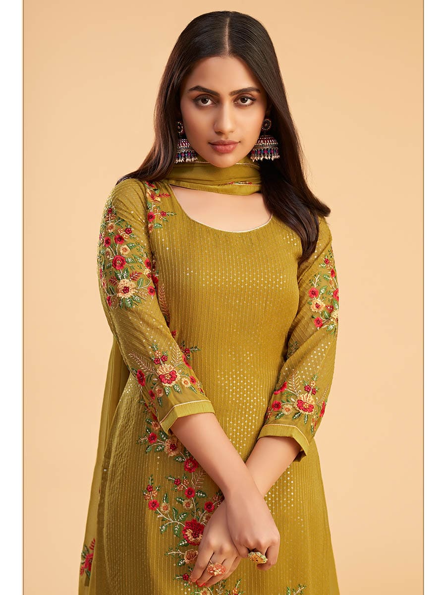 Myra Mustard Yellow Georgette Embroidered Pant Style Suit - Distacart